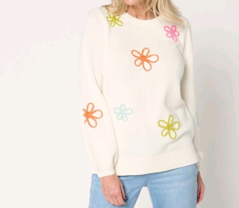 Belle Kim Gravel Daisy Chenille Sweater Size M Cream A677088 NWOT